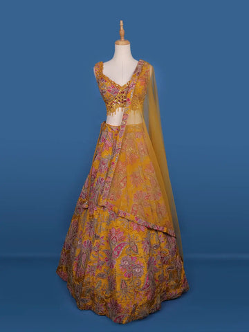 Orange Floral Designed Semi Silk Lehenga - Diadem