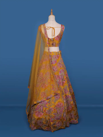 Orange Floral Designed Semi Silk Lehenga - Diadem