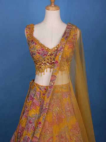 Orange Floral Designed Semi Silk Lehenga - Diadem