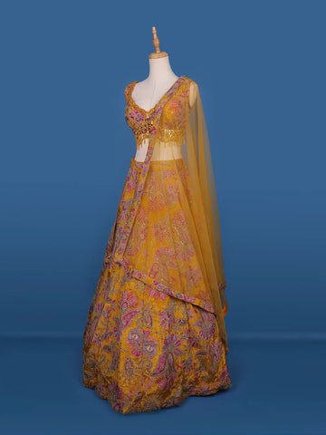 Orange Floral Designed Semi Silk Lehenga - Diadem