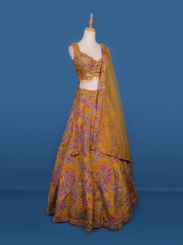 Orange Floral Designed Semi Silk Lehenga - Diadem