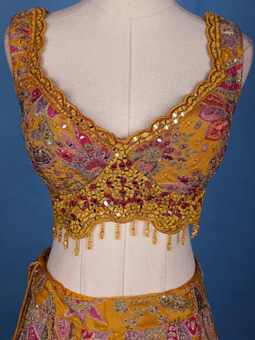 Orange Floral Designed Semi Silk Lehenga - Diadem