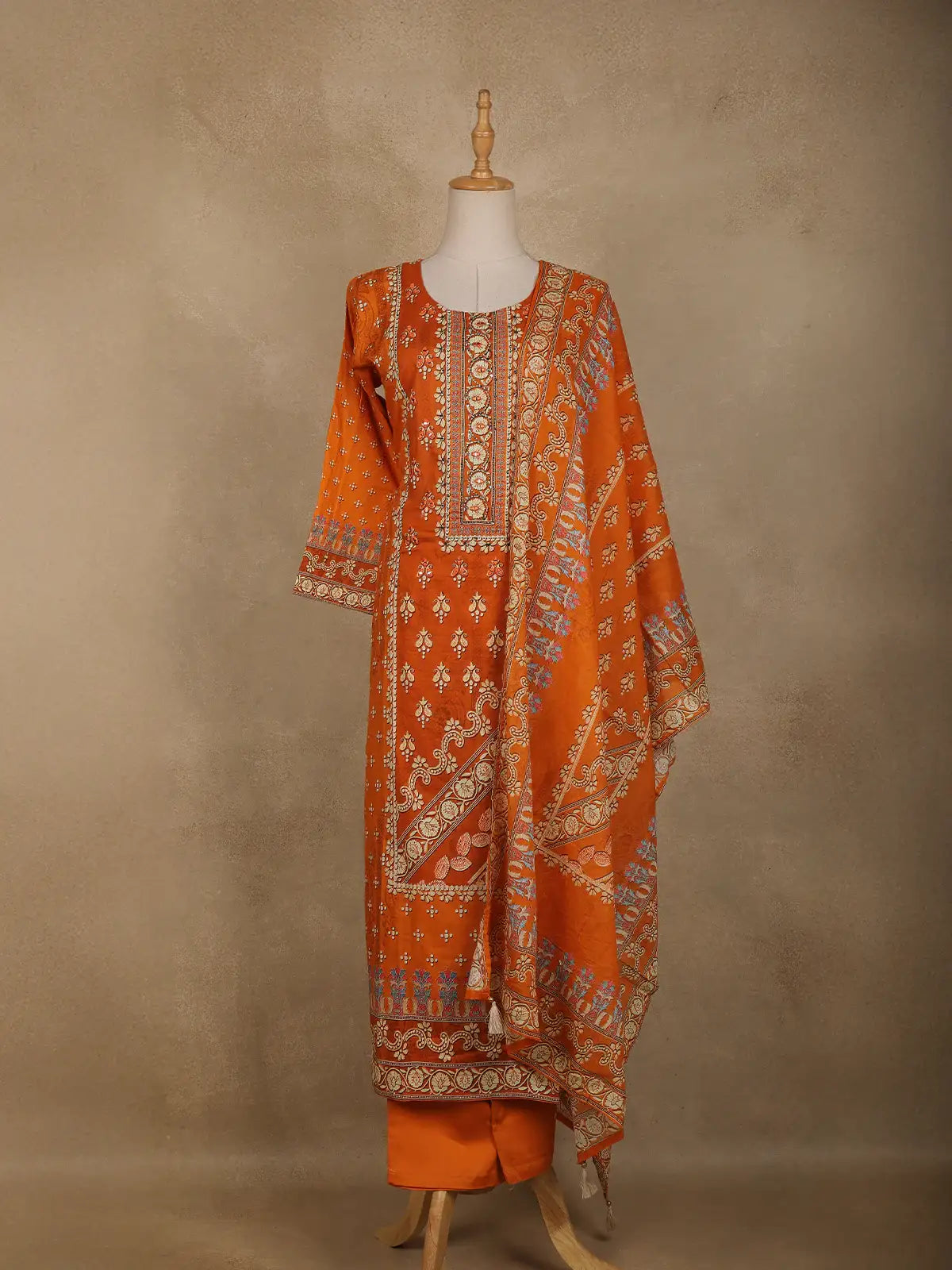 Orange Floral Designed Semi Silk Salwar Suit - Diadem