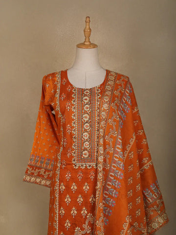 Orange Floral Designed Semi Silk Salwar Suit - Diadem