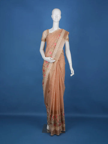 Orange Floral Designed Tissue Organza Saree - Diadem