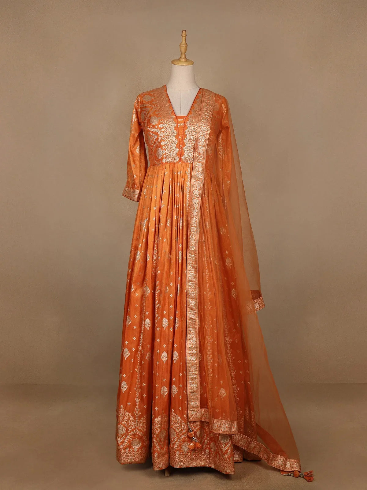 Orange Floral Designed Tissue Silk Gown - Diadem