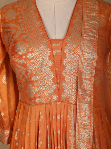 Orange Floral Designed Tissue Silk Gown - Diadem