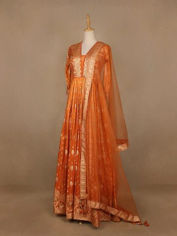 Orange Floral Designed Tissue Silk Gown - Diadem