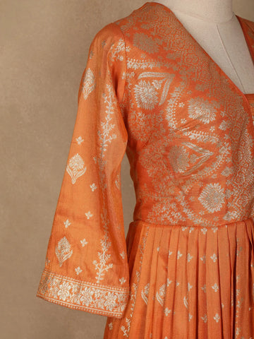 Orange Floral Designed Tissue Silk Gown - Diadem