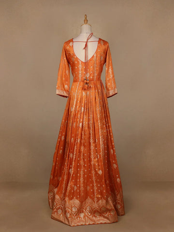 Orange Floral Designed Tissue Silk Gown - Diadem