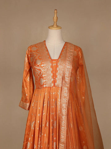 Orange Floral Designed Tissue Silk Gown - Diadem