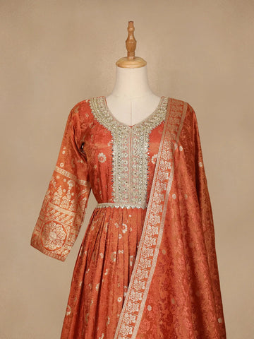 Orange Floral Designed Tissue Silk Gown - Diadem