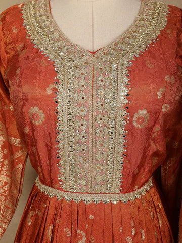Orange Floral Designed Tissue Silk Gown - Diadem