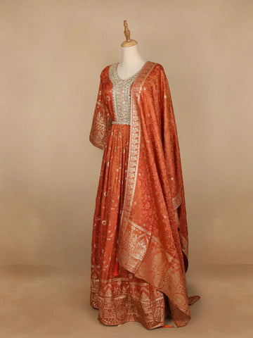 Orange Floral Designed Tissue Silk Gown - Diadem