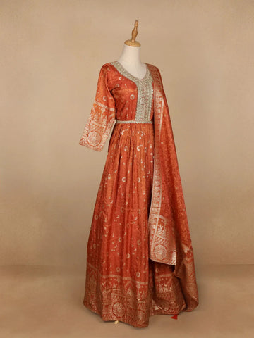 Orange Floral Designed Tissue Silk Gown - Diadem