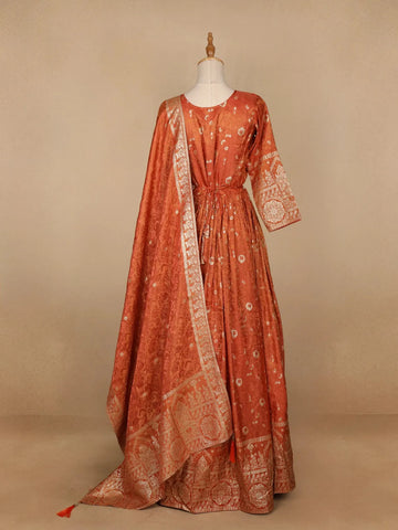 Orange Floral Designed Tissue Silk Gown - Diadem