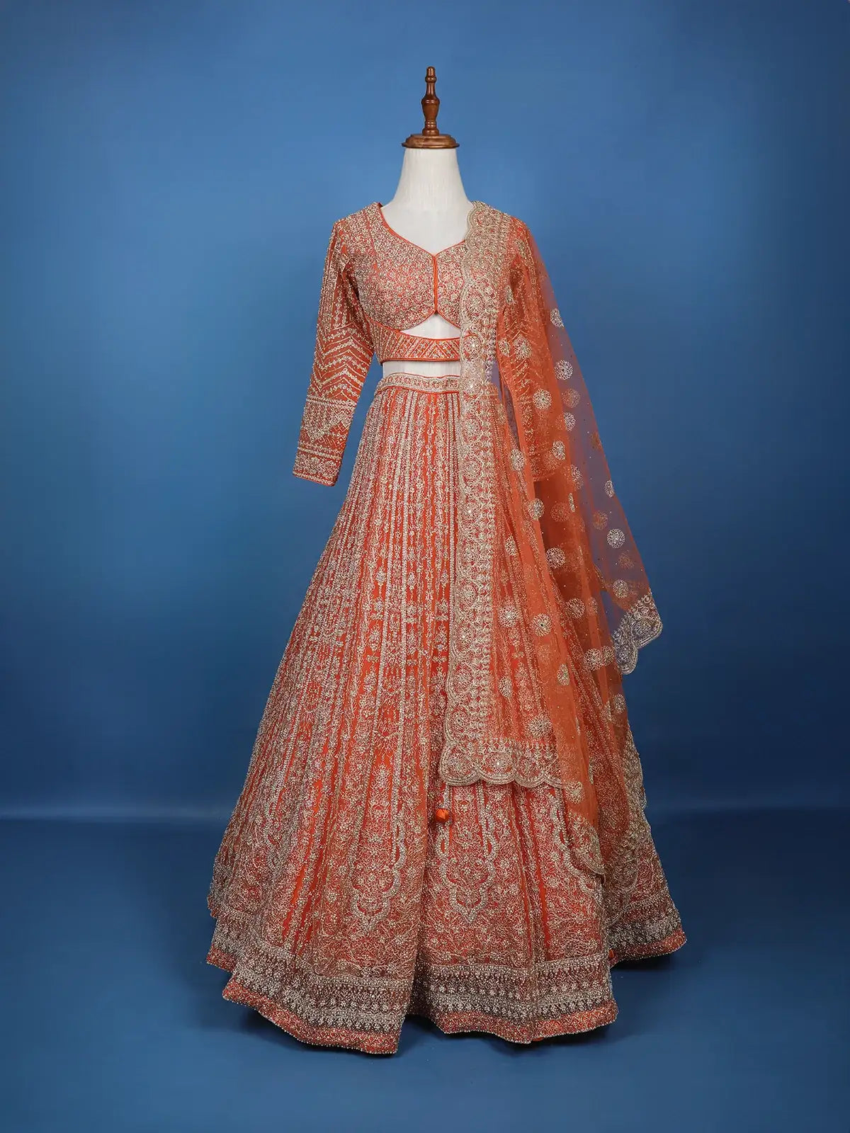 Orange Floral Embroidery Bridal Net Lehenga Set - Diadem