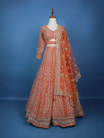 Orange Floral Embroidery Bridal Net Lehenga Set - Diadem