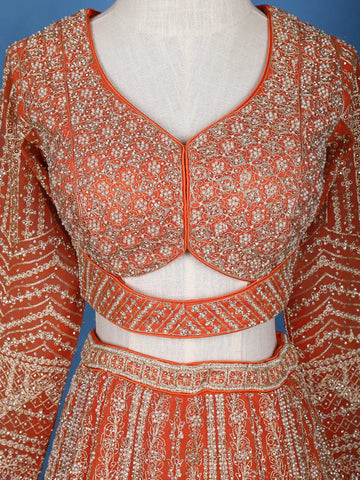 Orange Floral Embroidery Bridal Net Lehenga Set - Diadem