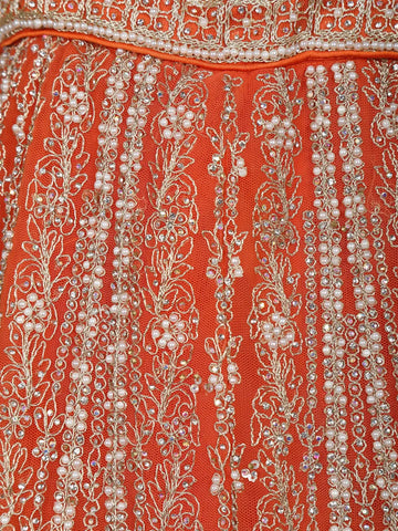 Orange Floral Embroidery Bridal Net Lehenga Set - Diadem