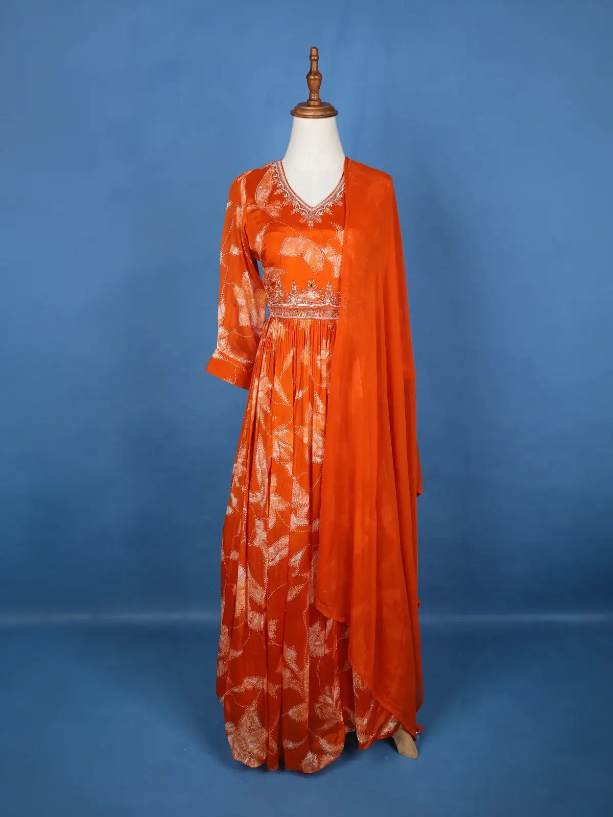 Orange Floral Embroidery Crepe Gown - Diadem