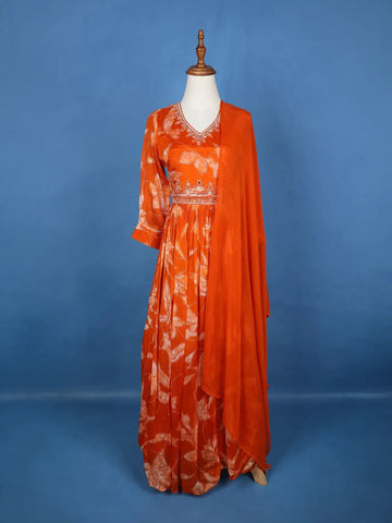 Orange Floral Embroidery Crepe Gown - Diadem