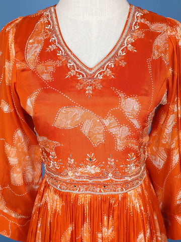 Orange Floral Embroidery Crepe Gown - Diadem