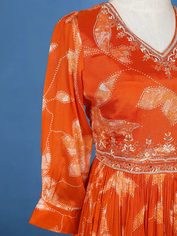 Orange Floral Embroidery Crepe Gown - Diadem