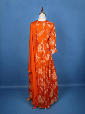Orange Floral Embroidery Crepe Gown - Diadem