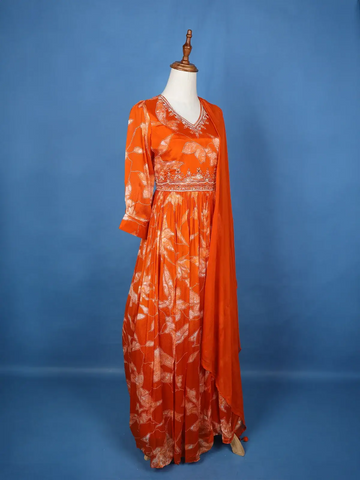 Orange Floral Embroidery Crepe Gown - Diadem