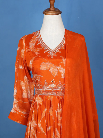 Orange Floral Embroidery Crepe Gown - Diadem