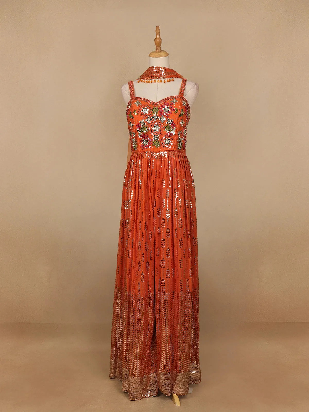Orange Floral Mirror Embroidery Georgette Jumpsuit - Diadem