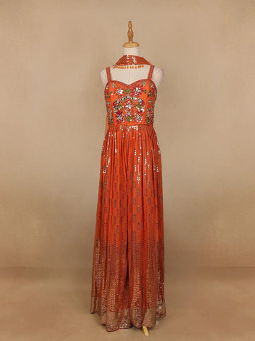 Orange Floral Mirror Embroidery Georgette Jumpsuit - Diadem