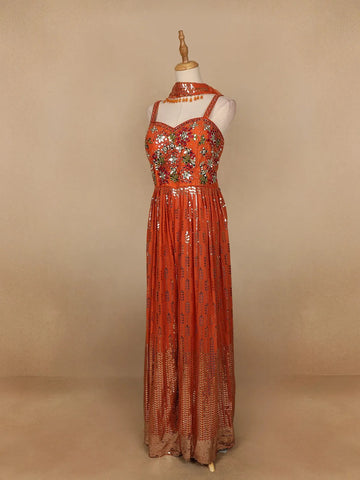 Orange Floral Mirror Embroidery Georgette Jumpsuit - Diadem