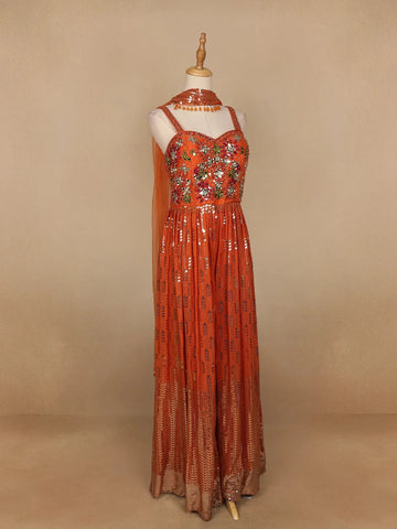 Orange Floral Mirror Embroidery Georgette Jumpsuit - Diadem