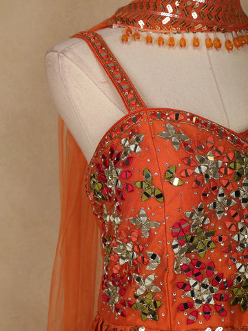 Orange Floral Mirror Embroidery Georgette Jumpsuit - Diadem