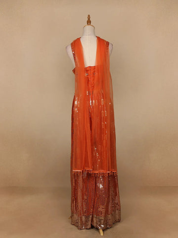 Orange Floral Mirror Embroidery Georgette Jumpsuit - Diadem