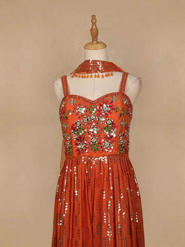 Orange Floral Mirror Embroidery Georgette Jumpsuit - Diadem