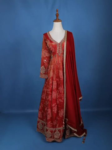 Orange Floral Motif Bead And Printed Georgette Gown - Diadem