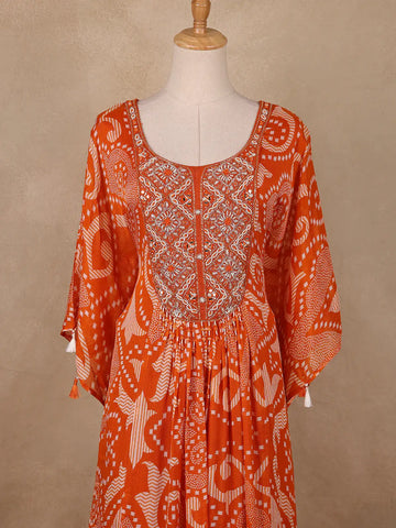 Orange Floral Printed Kaftan-style Crepe salwar suit - Diadem
