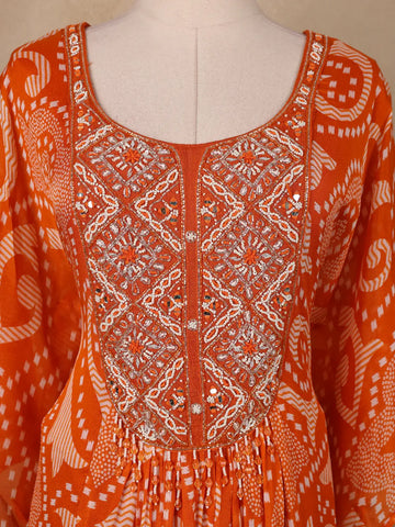 Orange Floral Printed Kaftan-style Crepe salwar suit - Diadem