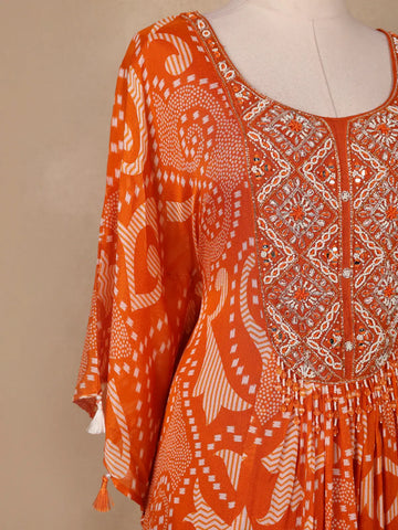 Orange Floral Printed Kaftan-style Crepe salwar suit - Diadem