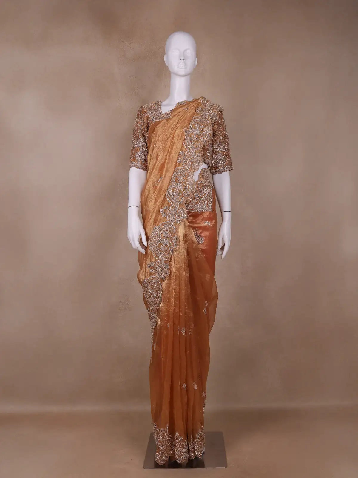 Orange Floral and Paisley Designed Tissue Organza Saree - Diadem