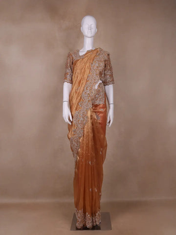 Orange Floral and Paisley Designed Tissue Organza Saree - Diadem