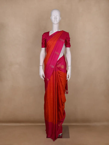 Orange & Pink Floral Butta Design Pure Kanchipuram Silk Saree - Diadem
