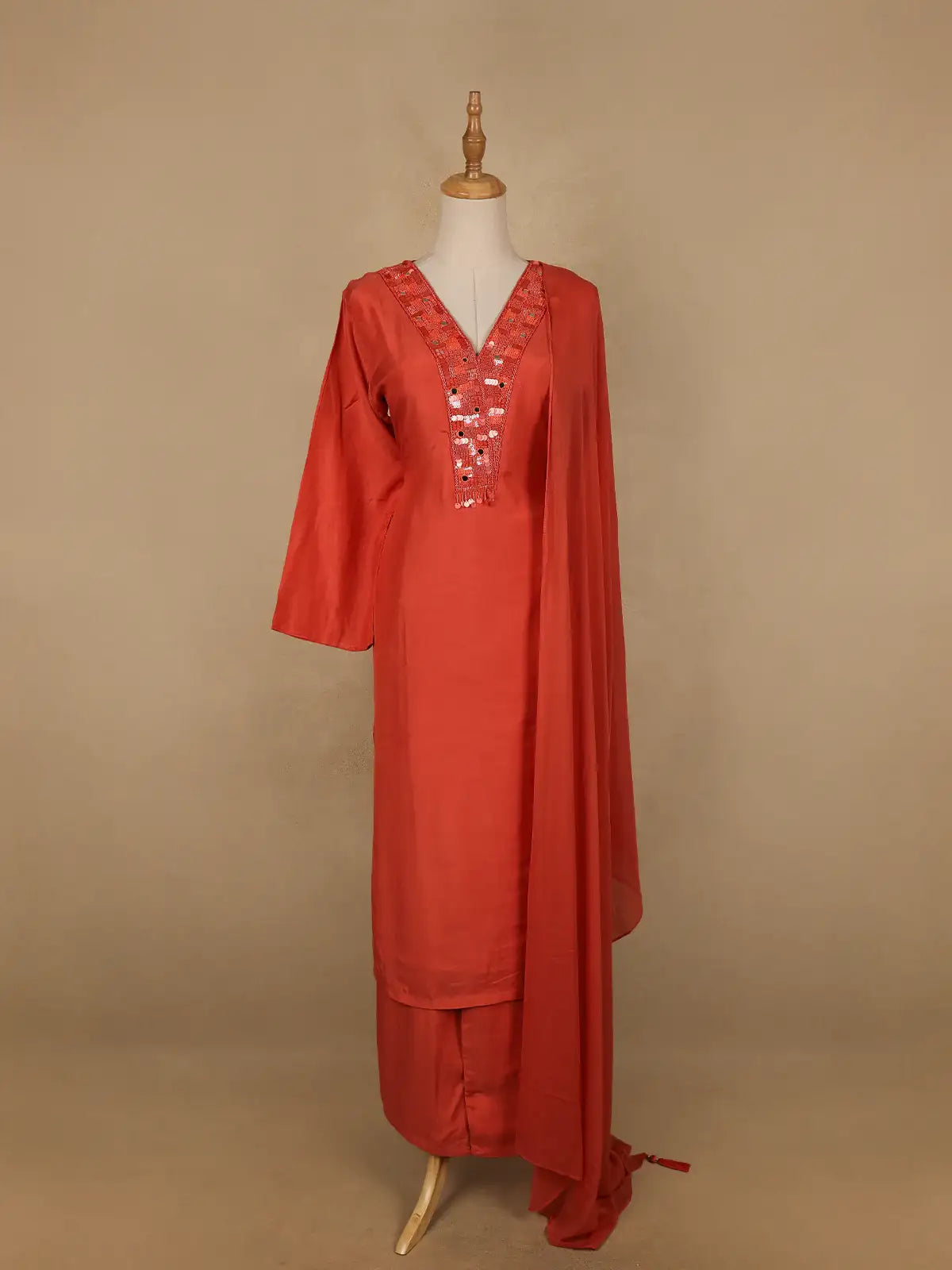 Orange Sequins Embroidered Cotton Palazzo Salwar Suit - Diadem