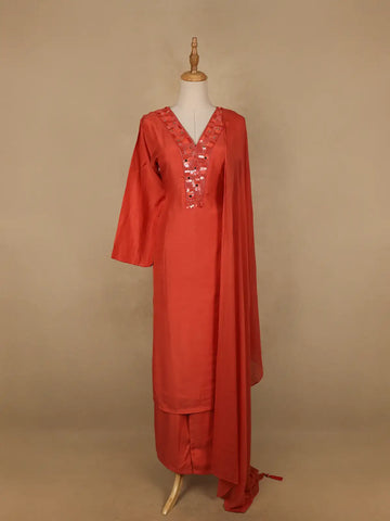 Orange Sequins Embroidered Cotton Palazzo Salwar Suit - Diadem