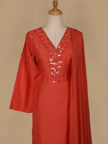 Orange Sequins Embroidered Cotton Palazzo Salwar Suit - Diadem