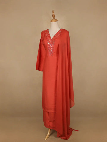 Orange Sequins Embroidered Cotton Palazzo Salwar Suit - Diadem
