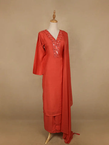 Orange Sequins Embroidered Cotton Palazzo Salwar Suit - Diadem